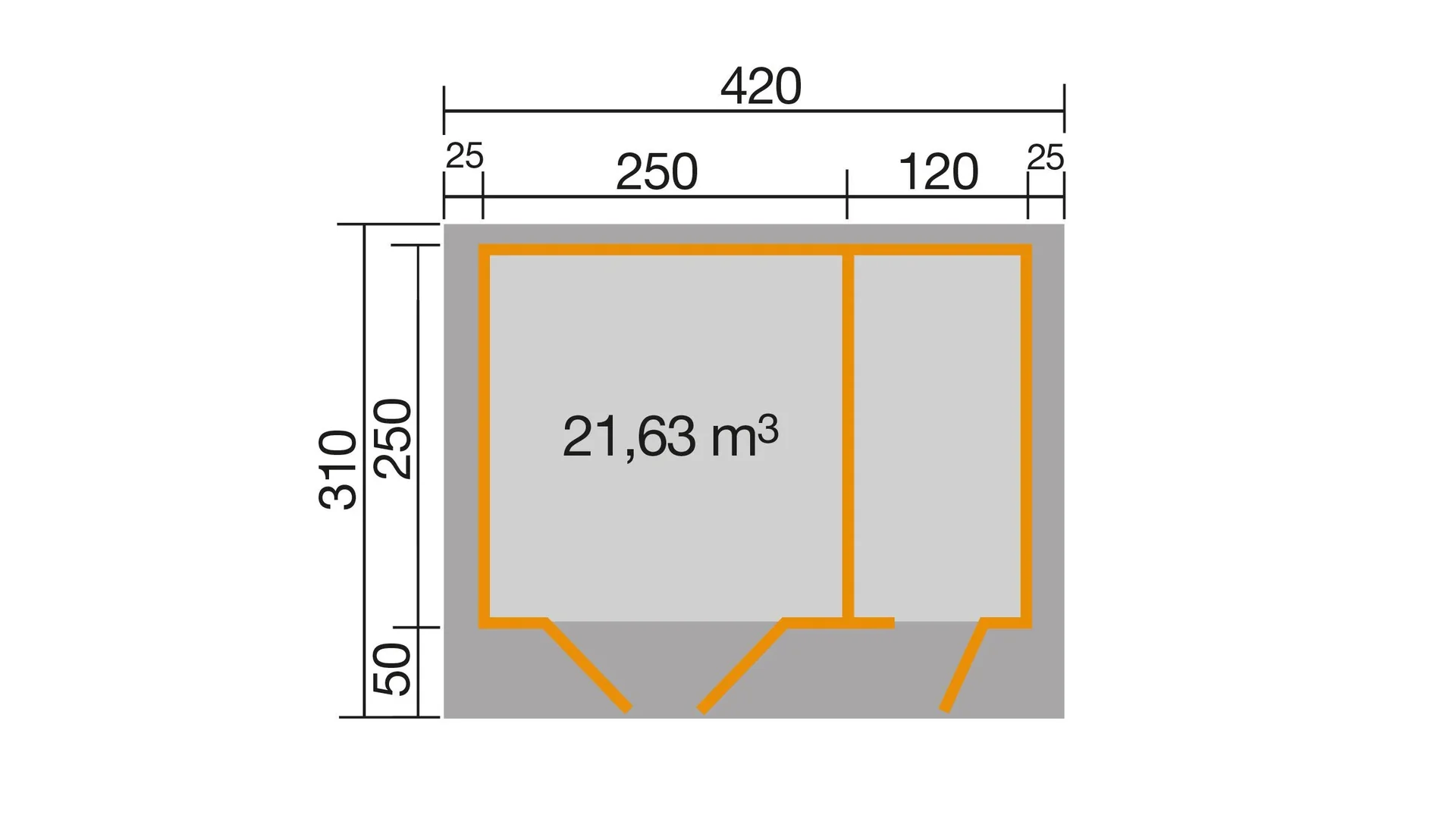 Gartenhaus 253 Gr.2, 420 x 310 x 270 cm Wandstärke 28 mm, Doppeltür, mit 2. Raum Einzeltür - 1
