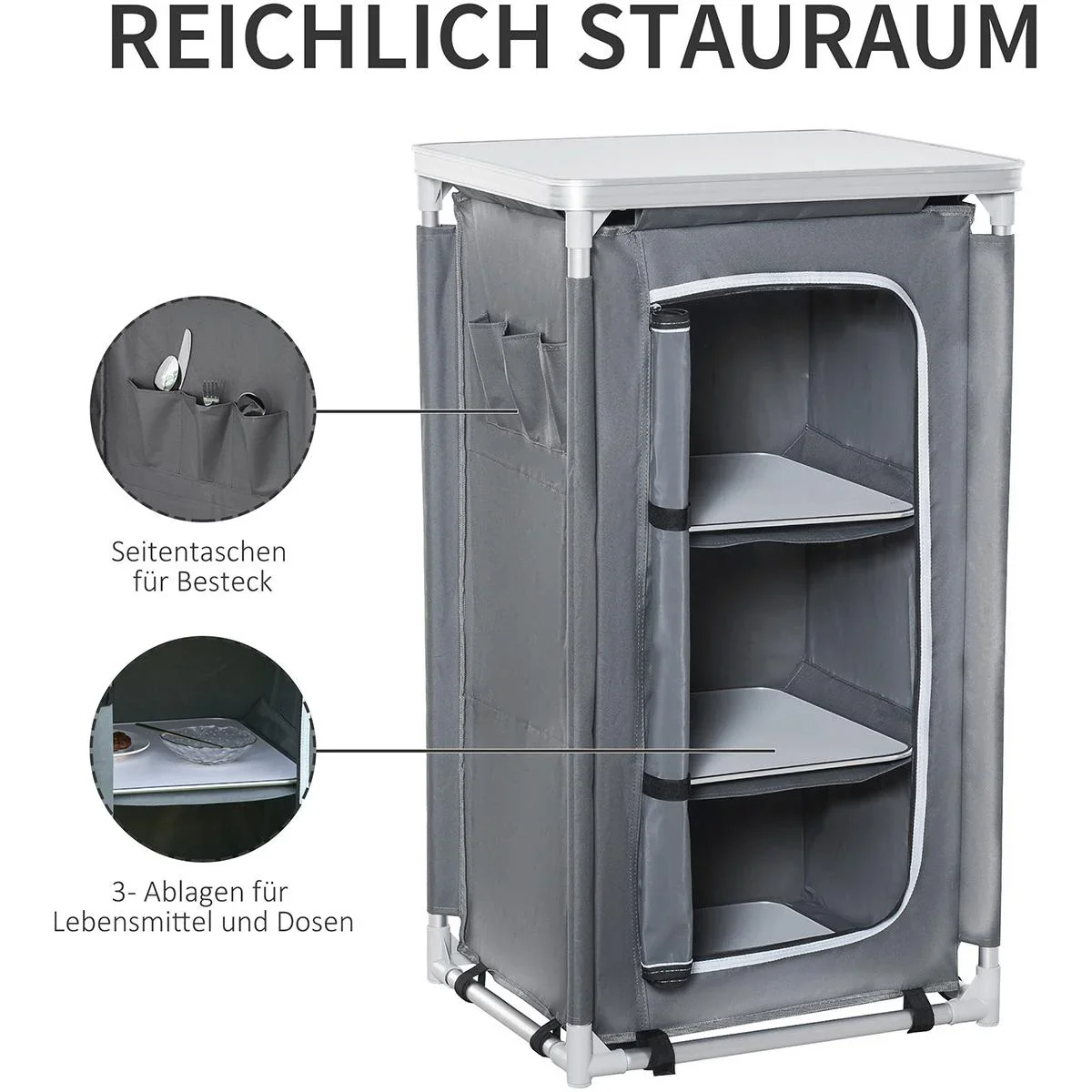 2in1Campingtisch mit Arbeitsplatte und Fächern grau - 0