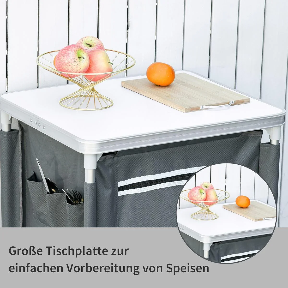2in1Campingtisch mit Arbeitsplatte und Fächern grau - 5
