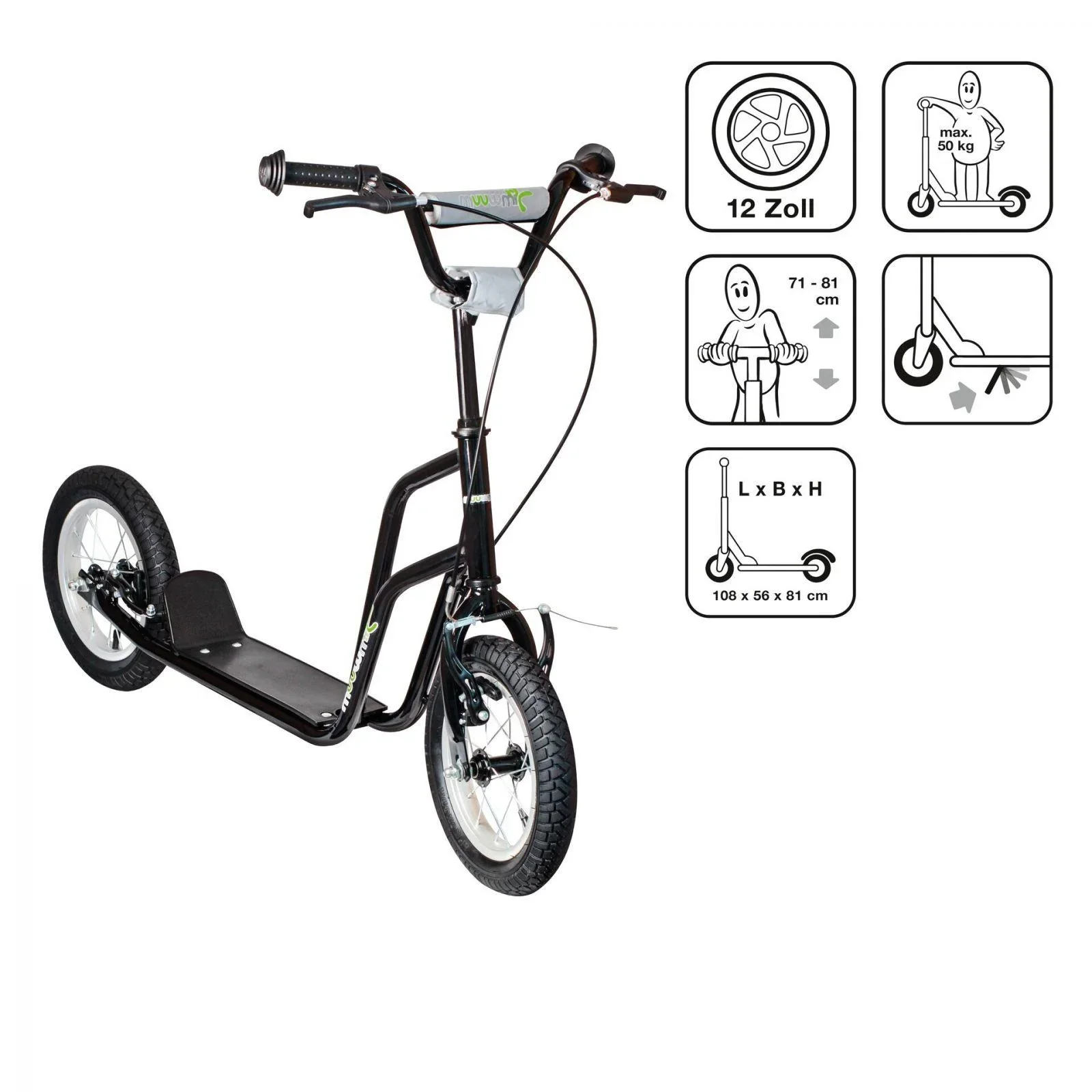 Roller Fun AIR, 12 Zoll Luftbereifung, Stahlrahmen, V-Bremse, Lenker höhenverstellbar, inkl. Ständer, schwarz - 0