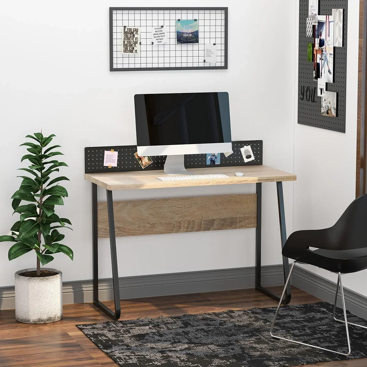 Schreibtisch Bürotisch Computertisch mit Stecktafel Kabelmanagement-Loch für Zettel Pendant Spanplatte Metall Naturholz+ - 0