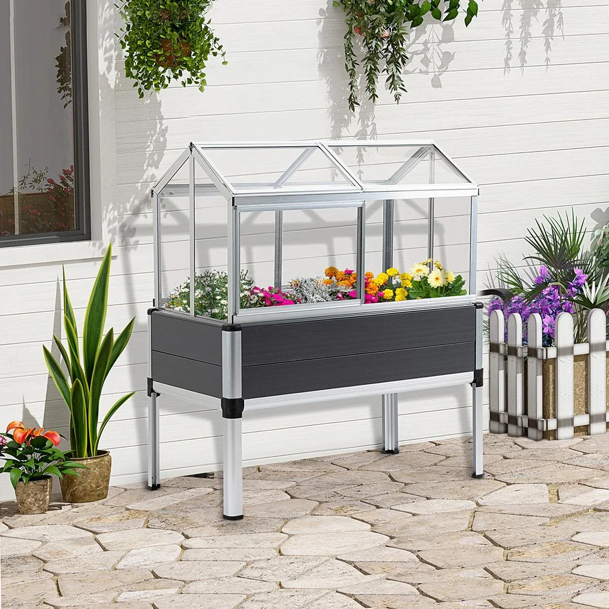 Hochbeet mit Frühbeet Aufsatz aus Aluminium für Garten Terrasse Balkon Kräuterbeet Pflanzkasten Grau 113,5 x 61 x 128,5 - 1