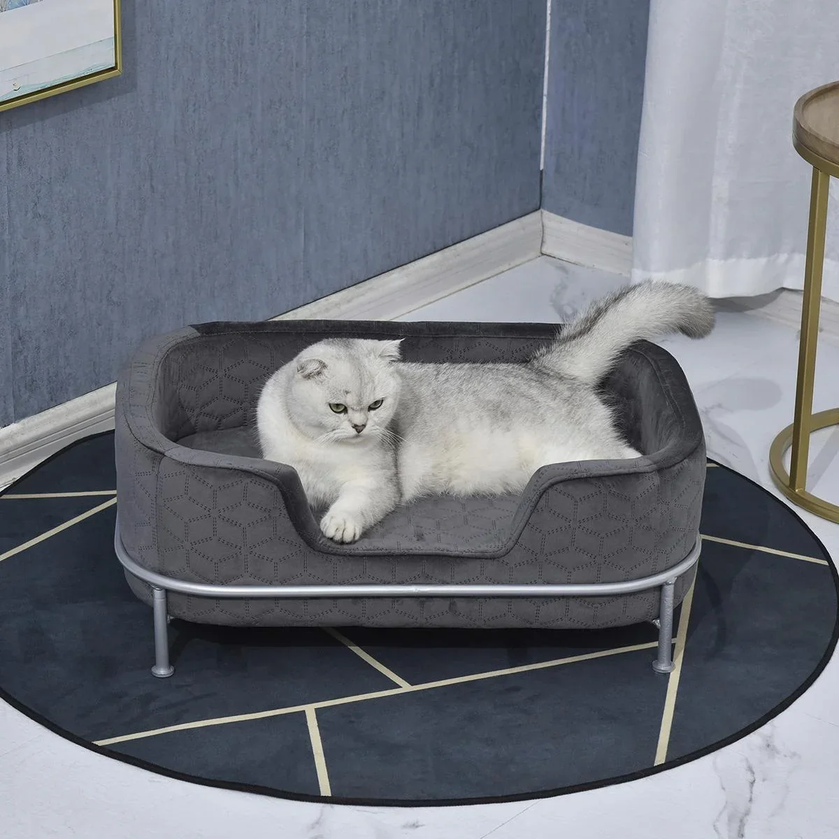 Hundesofa mit Rückenlehne Haustiersofa mit Metallbeinen Hundebett Weichem Bezug Katzensofa Metall Grau 63,5 x 43 x 24,5 - 1