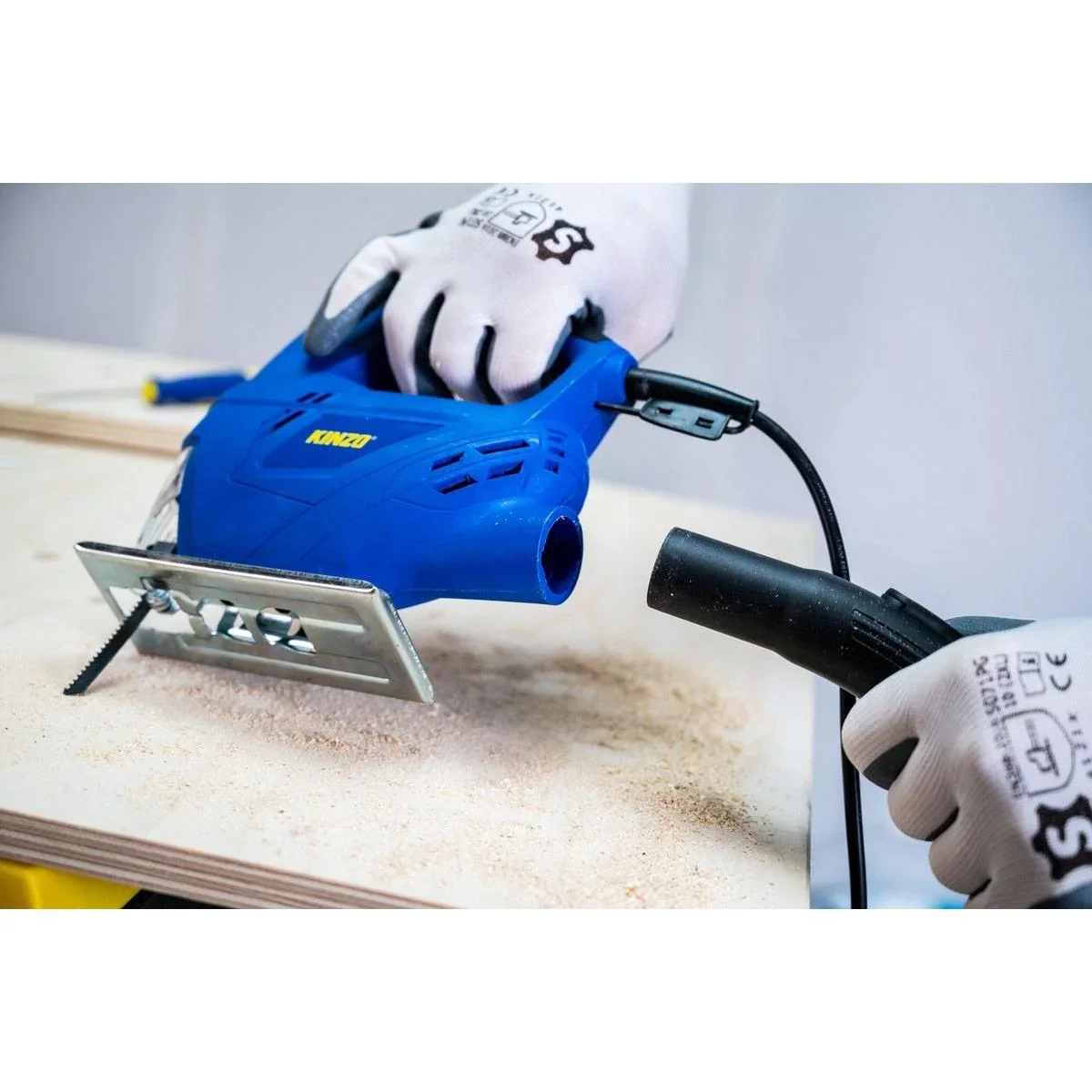 Stichsäge - 230V - 400W - mit Staubabsaugung - Schutzhülle Blatt - Holz bis zu 65 mm - Metall bis zu 6 mm- Blau - 1