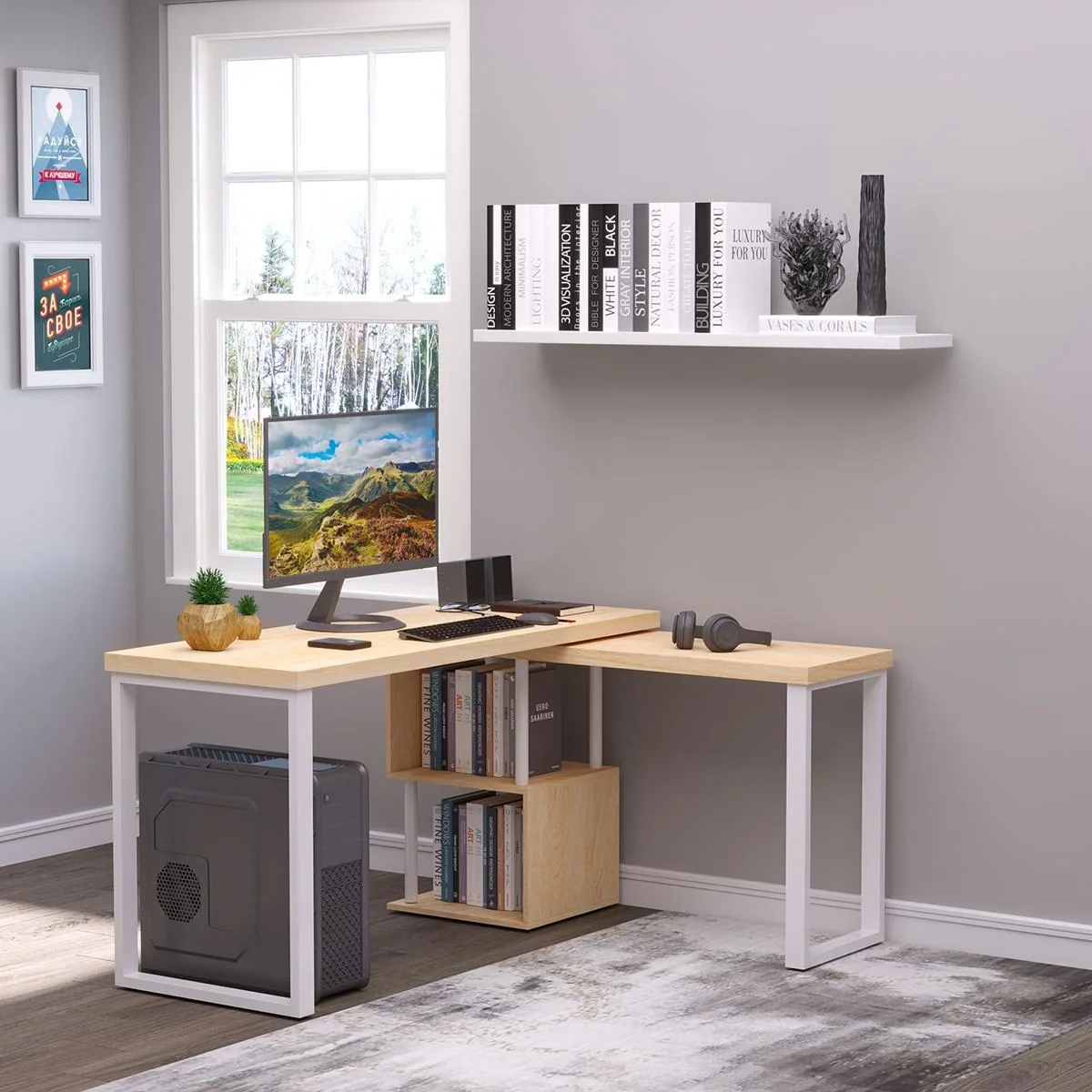 Eckschreibtisch Winkelschreibtisch PC-Tisch Computertisch Bürotisch L-Formen 360° drehbar MDF Eisen Weiß+Eiche 220 x 55 - 0