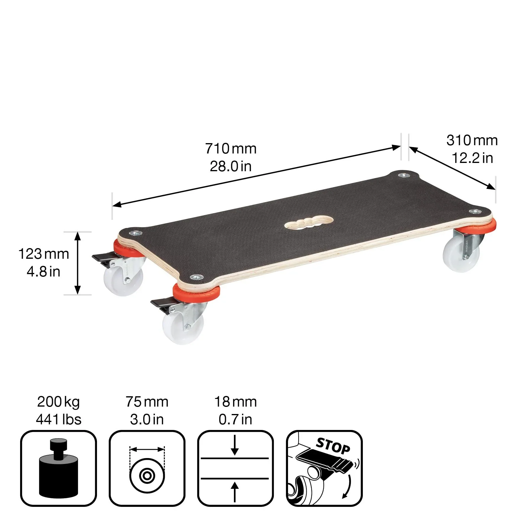 Transporthilfe MM 1365, 71 x 31 x 12,5 cm, harte Rollen Ø 75 mm, Gleitlager, 2 Bremsen, Platte FSC®, Tragkraft 200 kg - 3