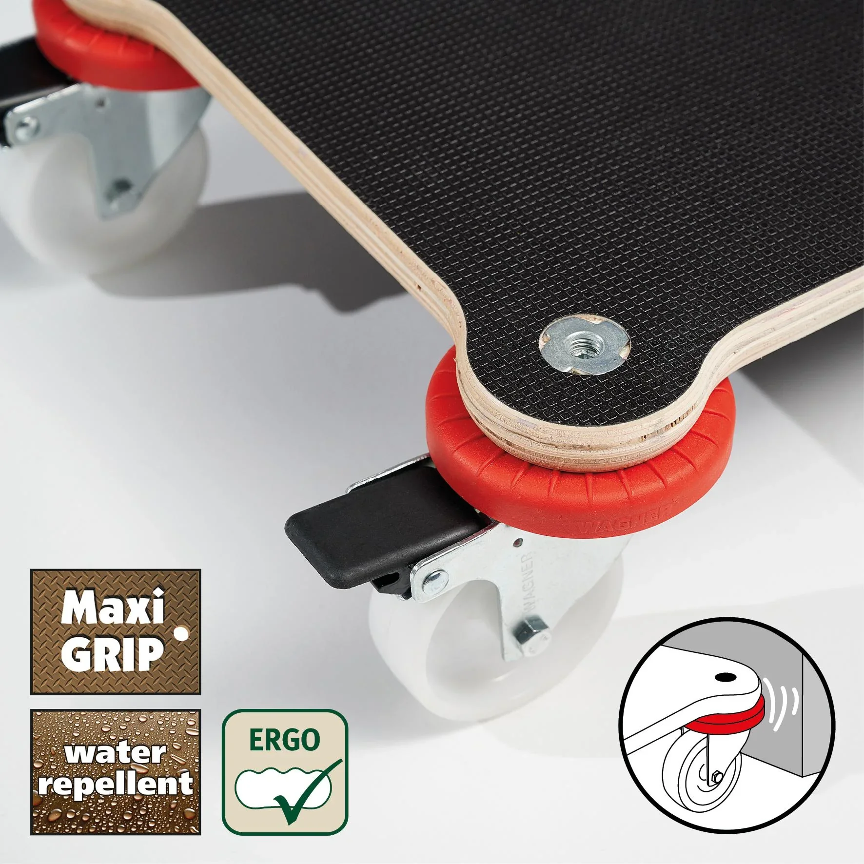 Transporthilfe MM 1365, 71 x 31 x 12,5 cm, harte Rollen Ø 75 mm, Gleitlager, 2 Bremsen, Platte FSC®, Tragkraft 200 kg - 7
