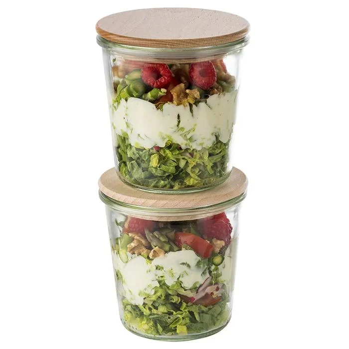 Weck-Gläser mit APS Deckel 2-er Set: 2 Gläser: Ø11 cm x 11 cm, Sturzform 580 ml + Buchenholz Deckel mit Silikondichtung - 0