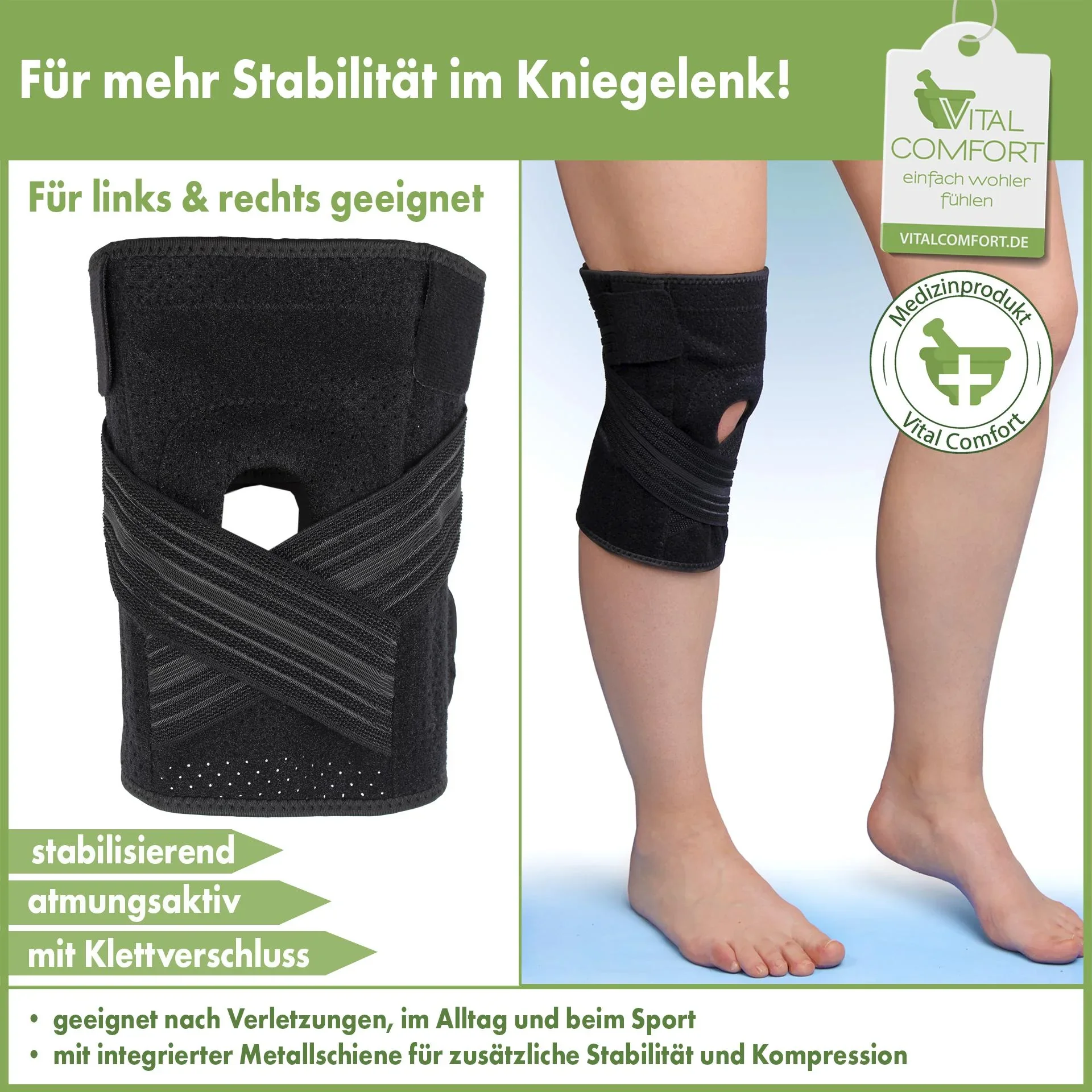 Aktiv-Kniebandage mit Klettverschluss „Flexitek“, Universalgröße, Schwarz - 1