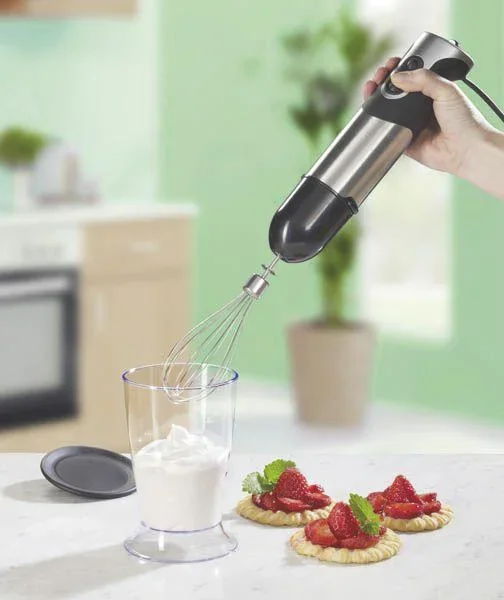 Turbo Stabmixer-Set Edelstahl, 1000 Watt, mit Rührbecher, Deckel & Rührbesen - 0