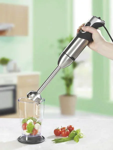 Turbo Stabmixer-Set Edelstahl, 1000 Watt, mit Rührbecher, Deckel & Rührbesen - 1