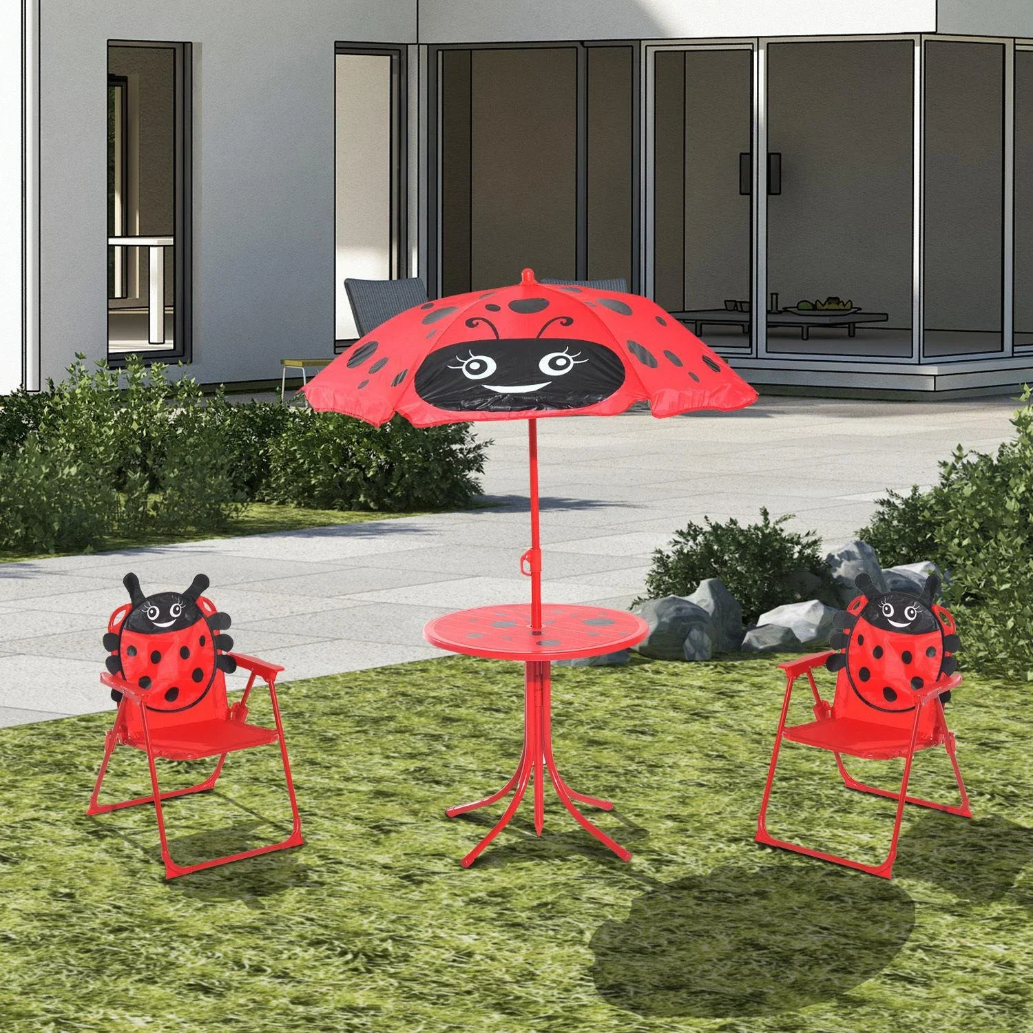 3-tlg, Kindersitzgruppe Sitzgarnitur für Kinder Kindermöbel 1 Sonnenschirm + 1 Tisch + 2 Kinderstühle klappbar Rot - 6
