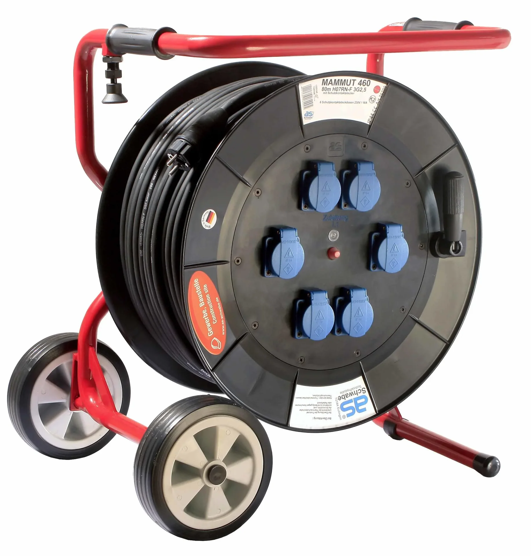 Profi-Trommel Mammut 460 Version 1, 80m, 6 Steckdosen 230V / 16A, mit klappbaren Fußgestell - 0