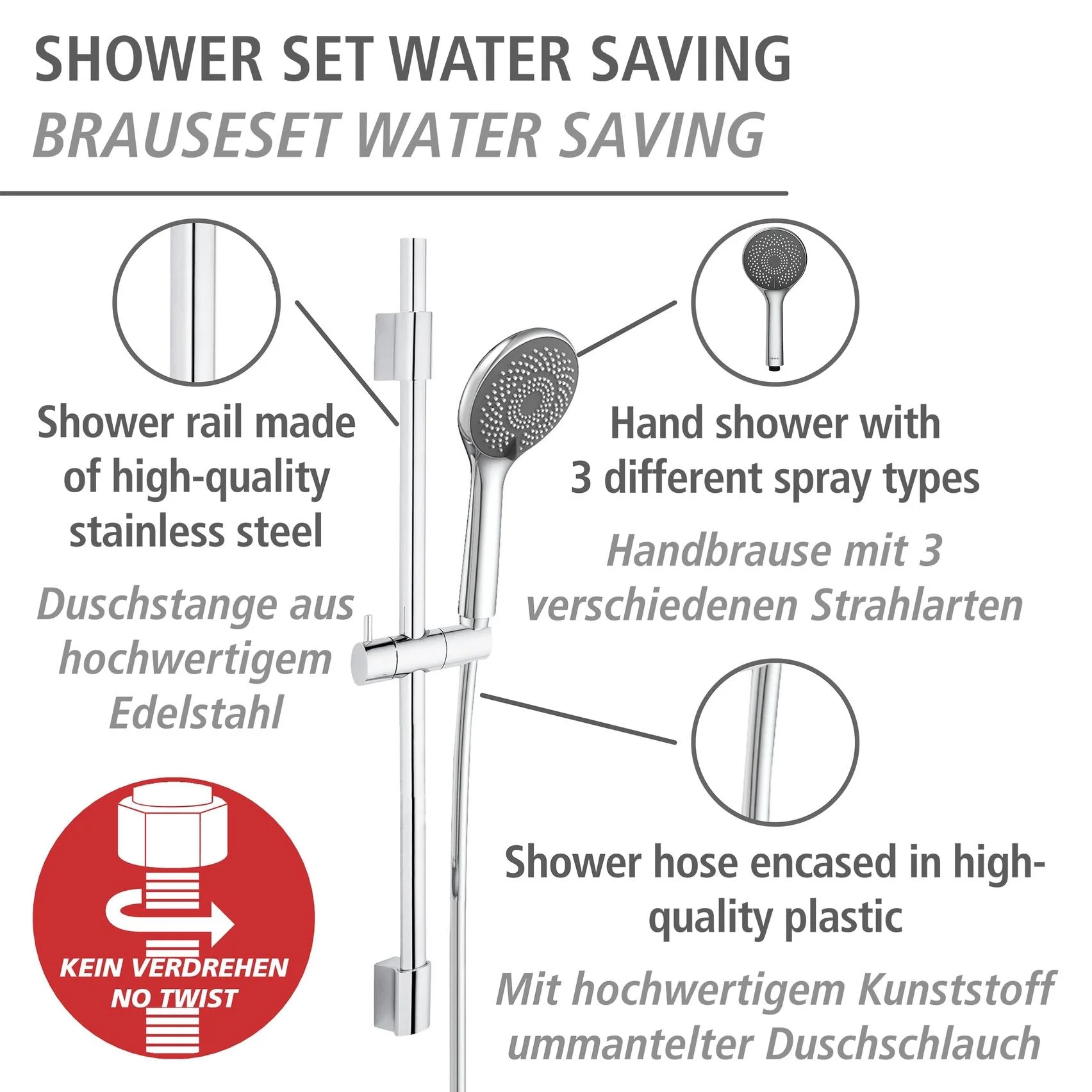 Wasserspar-Brauseset Watersaving Chrom, Länge Stange: 70 cm - 2