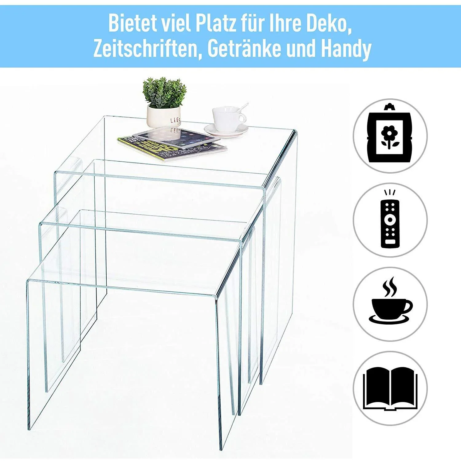 Beistelltisch 3er-Set Couchtisch Satztisch Sofatisch Glastisch klar Acrylglas 32 x 30 x 24 cm/35 x 30 x 28 cm/38 x 30 x - 0
