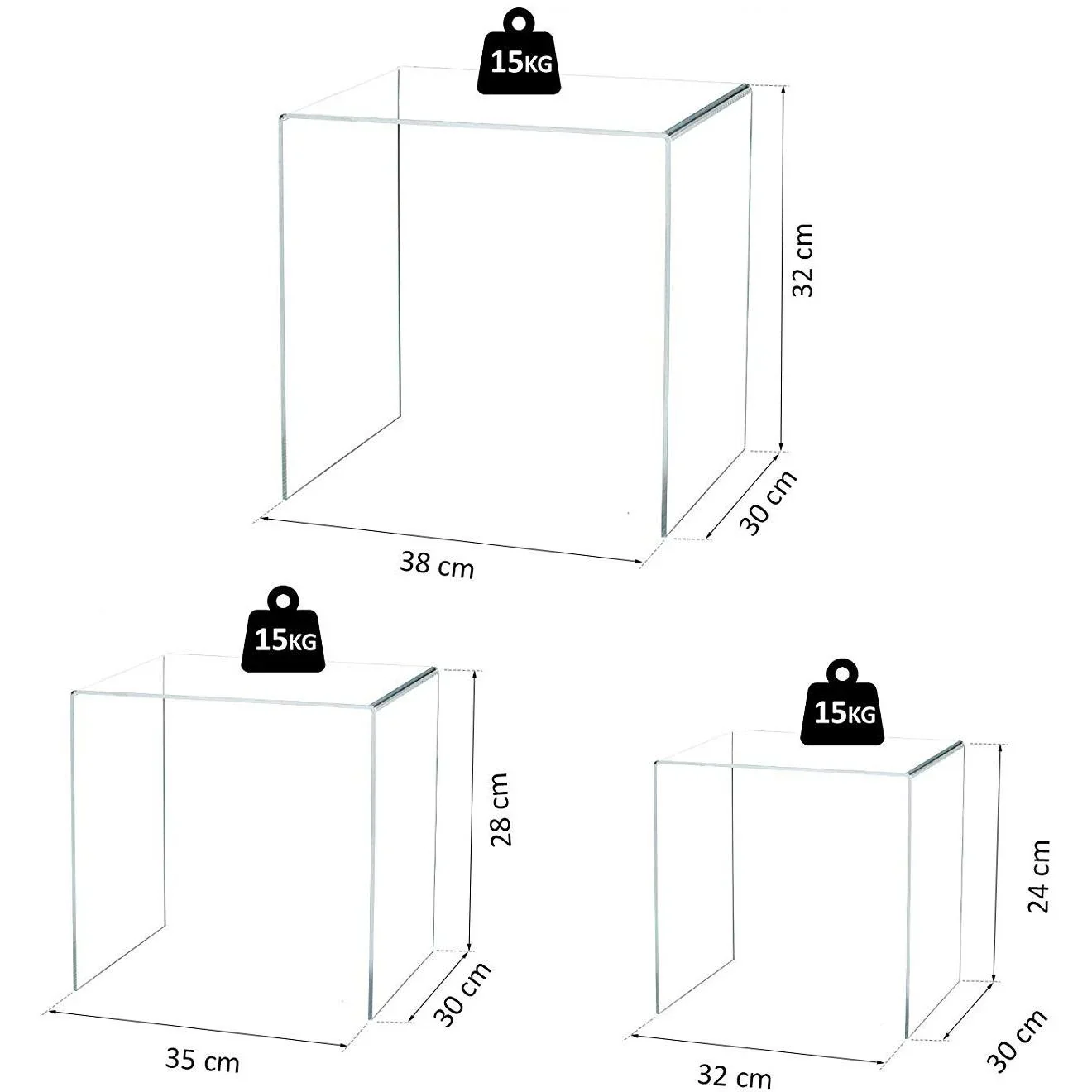 Beistelltisch 3er-Set Couchtisch Satztisch Sofatisch Glastisch klar Acrylglas 32 x 30 x 24 cm/35 x 30 x 28 cm/38 x 30 x - 3