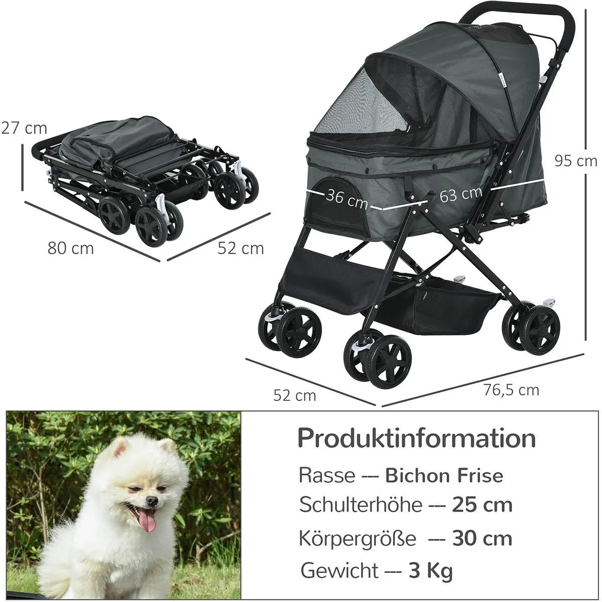 Hundebuggy Hundewagen Buggy für kleine Hunde und Katzen Haustierwagen Pet Stroller Katzenbuggy Oxford Dunkelgrau 76,5 x - 2