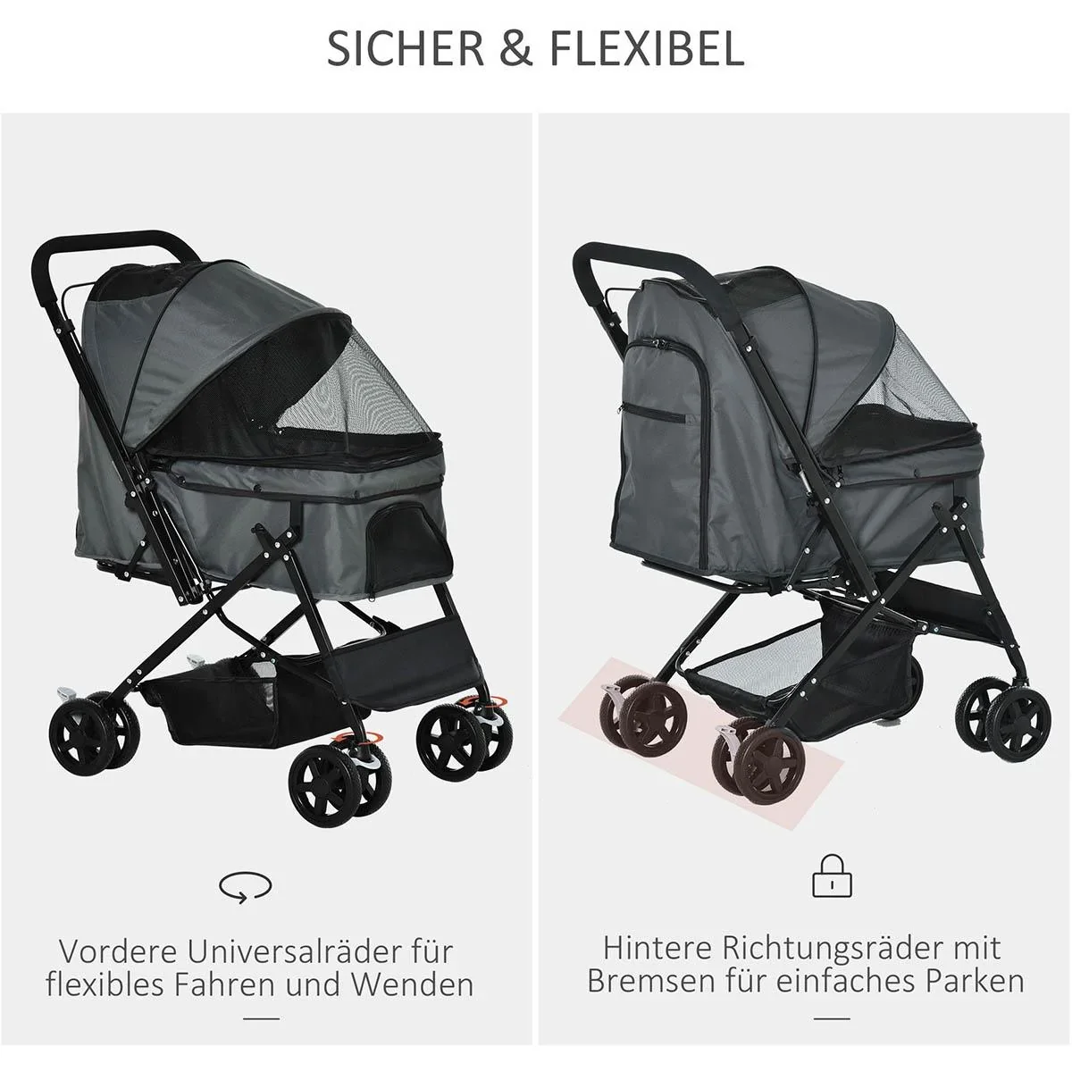 Hundebuggy Hundewagen Buggy für kleine Hunde und Katzen Haustierwagen Pet Stroller Katzenbuggy Oxford Dunkelgrau 76,5 x - 3
