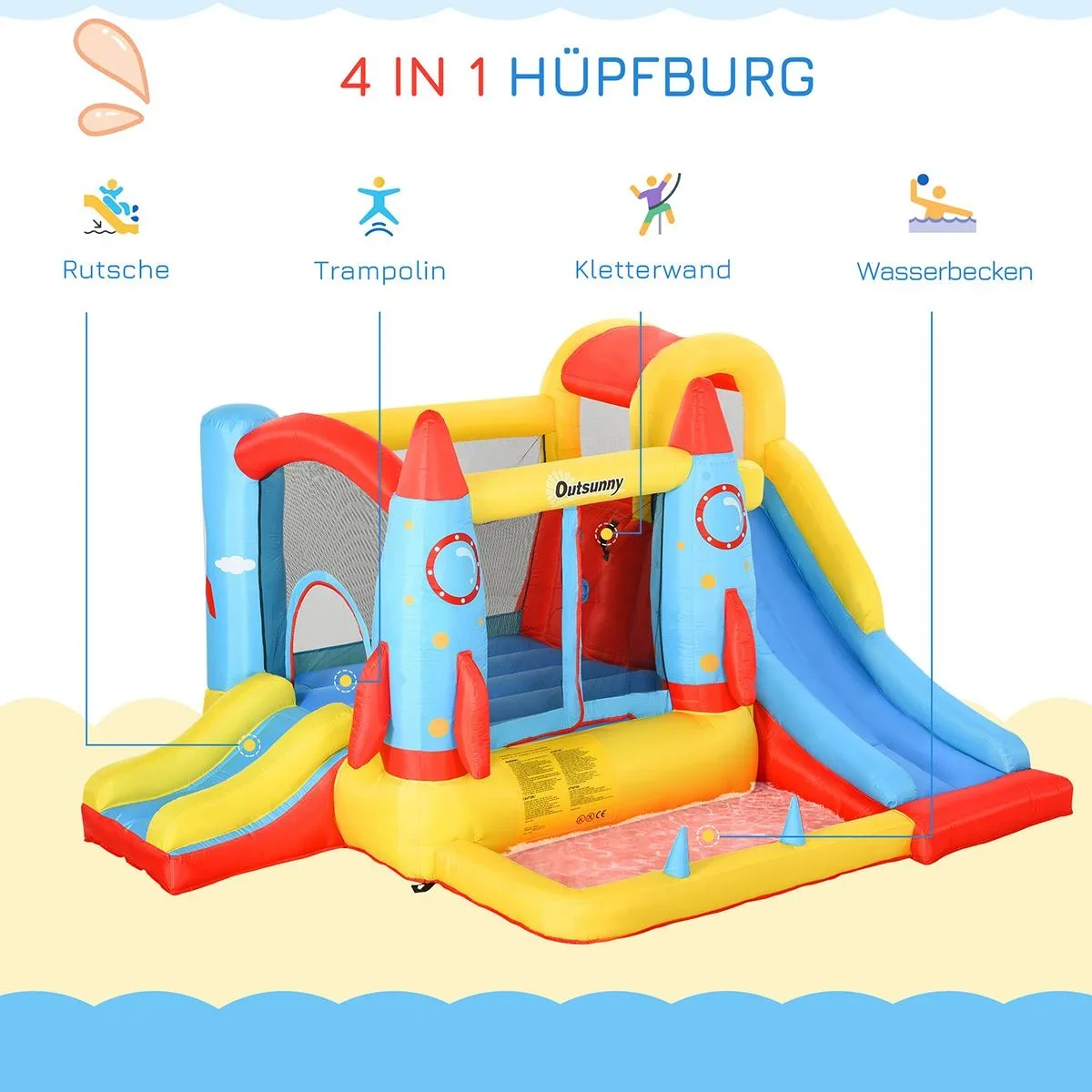 Kinderhüpfburg im Raketendesign inkl. Rutsche bunt - 4