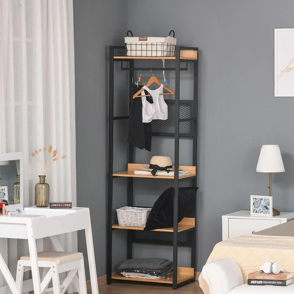 Garderobeständer Mantelgestell Kleiderständer Kleidung Hüte Taschen Schuhe Multifunktion Schwarz+Natur 60 x 40 x 190 cm - 1
