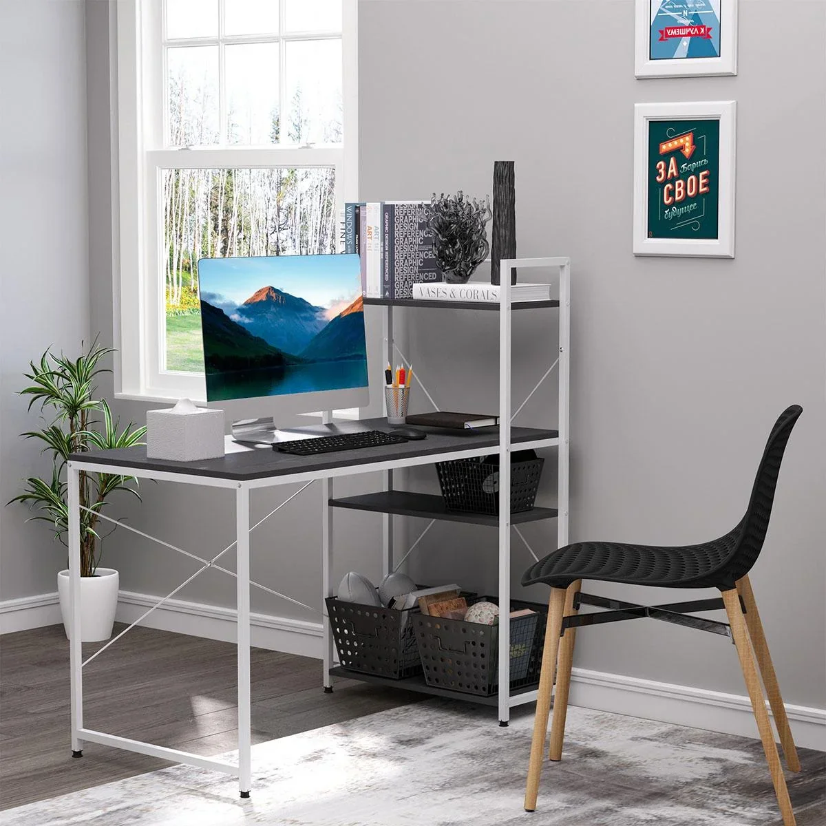 Schreibtisch Computertisch Arbeitstisch Bürotisch mit Regal Weiß+Schwarz 120x64x121cm - 0