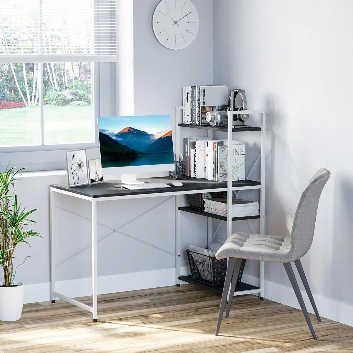 Schreibtisch Computertisch Arbeitstisch Bürotisch mit Regal Weiß+Schwarz 120x64x121cm - 1