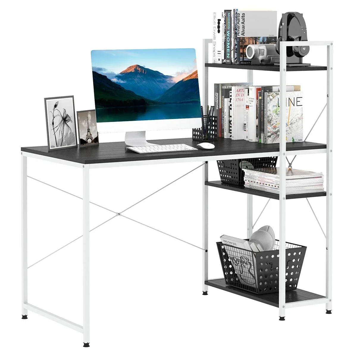 Schreibtisch Computertisch Arbeitstisch Bürotisch mit Regal Weiß+Schwarz 120x64x121cm - 2