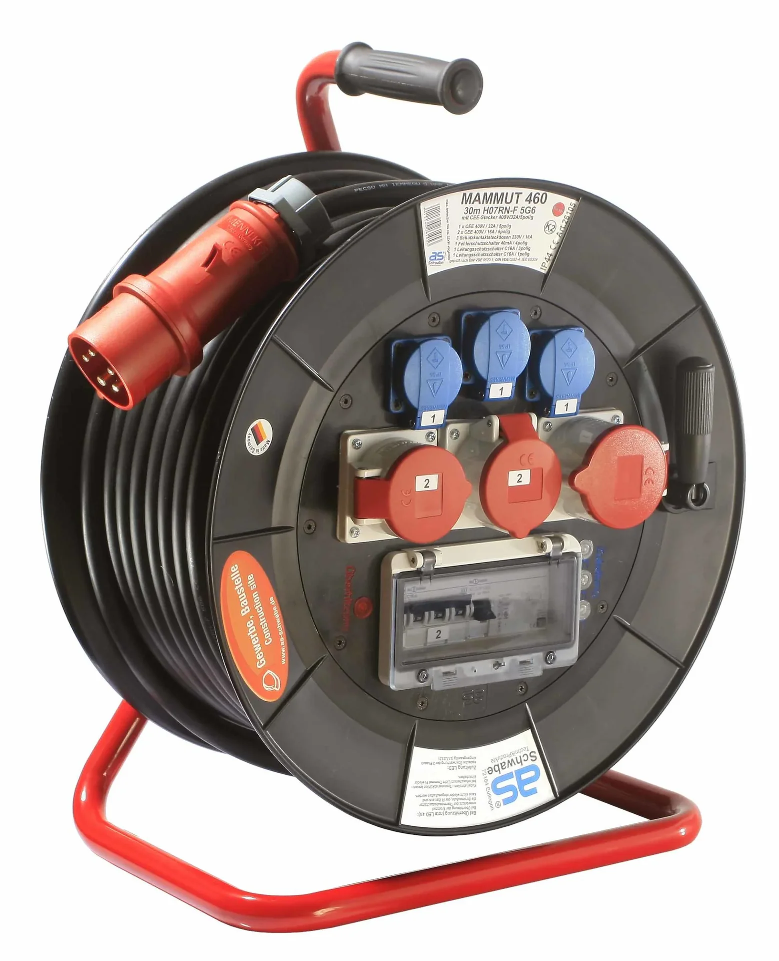 Profi-Trommel Mammut 460 Version 6, 30m, 3 Steckdosen 230V, 2+1-CEE Steckdosen, mit Trage- und. Fußgestell - 0