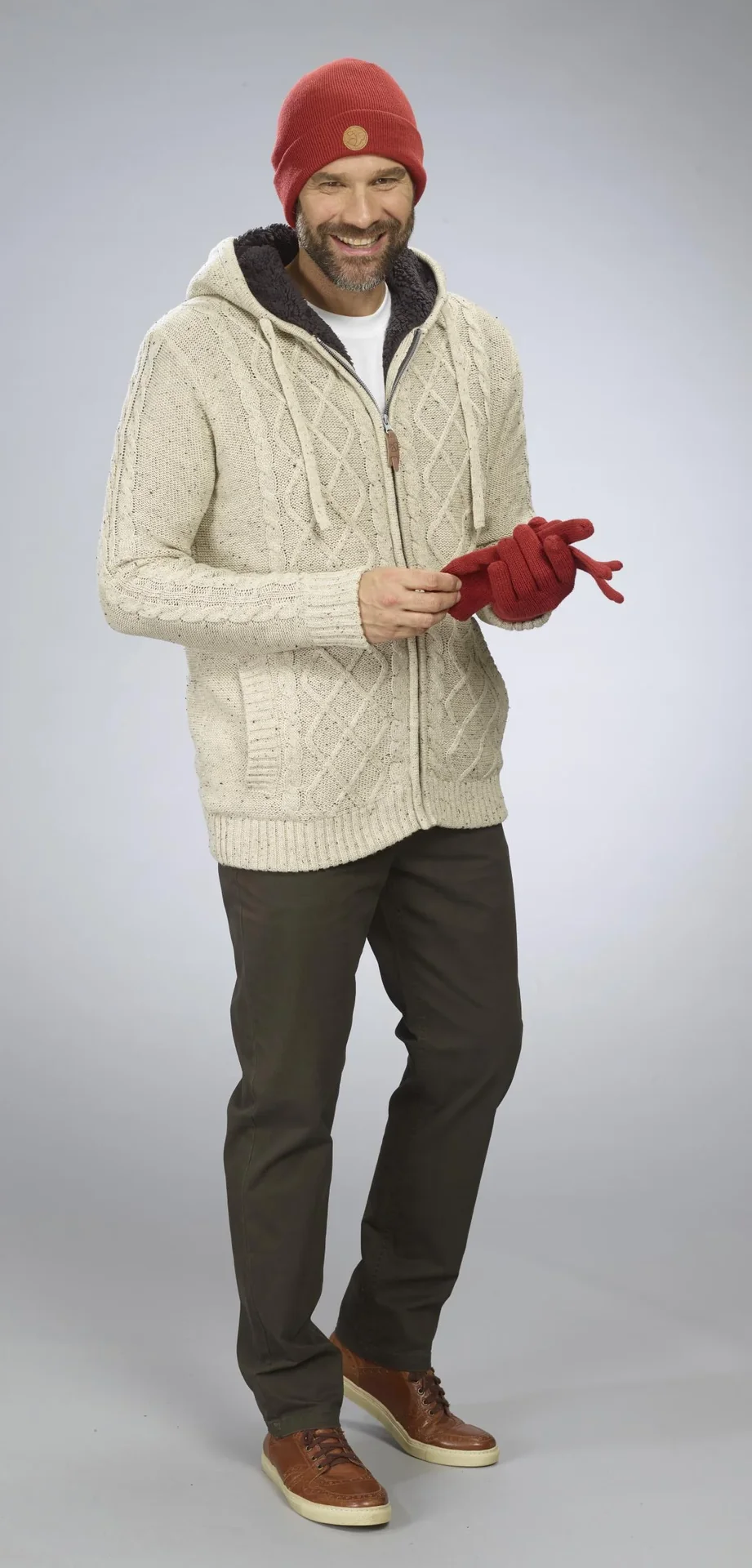 Strickjacke mit Berberfleece, Farbe beige/braun, Gr.M - 0