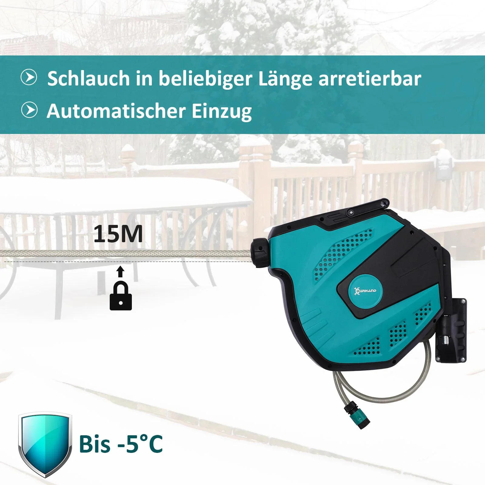 Schlauchtrommel Wandschlauchbox 180° schwenkbar Frostschutz -5 45 °C Kunststoff Grün + Schwarz 15 m - 5