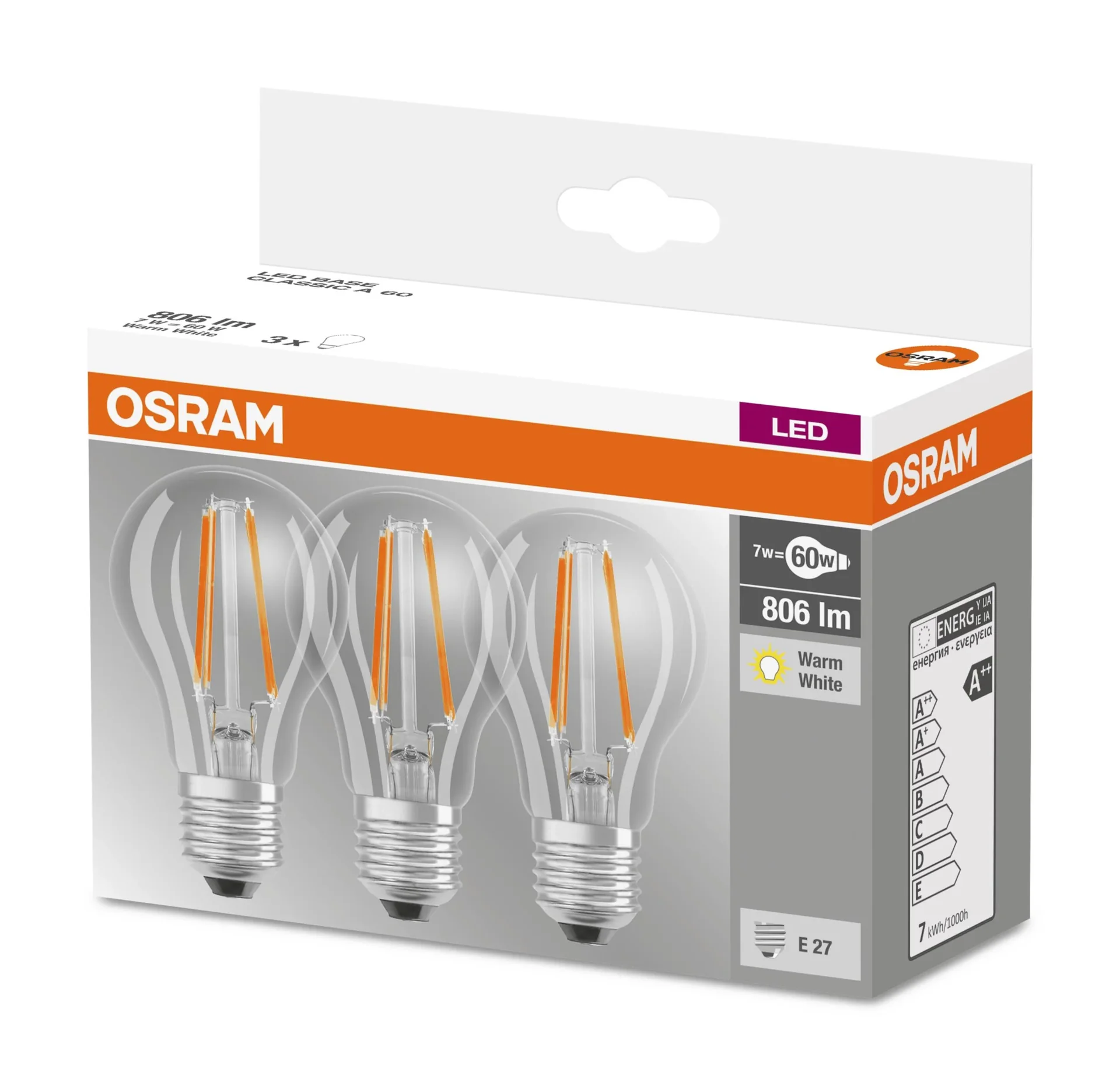 BASE FILAMENT LED Lampe mit 7 Watt, E27, warmweiß, klar - 3 Stück - 1