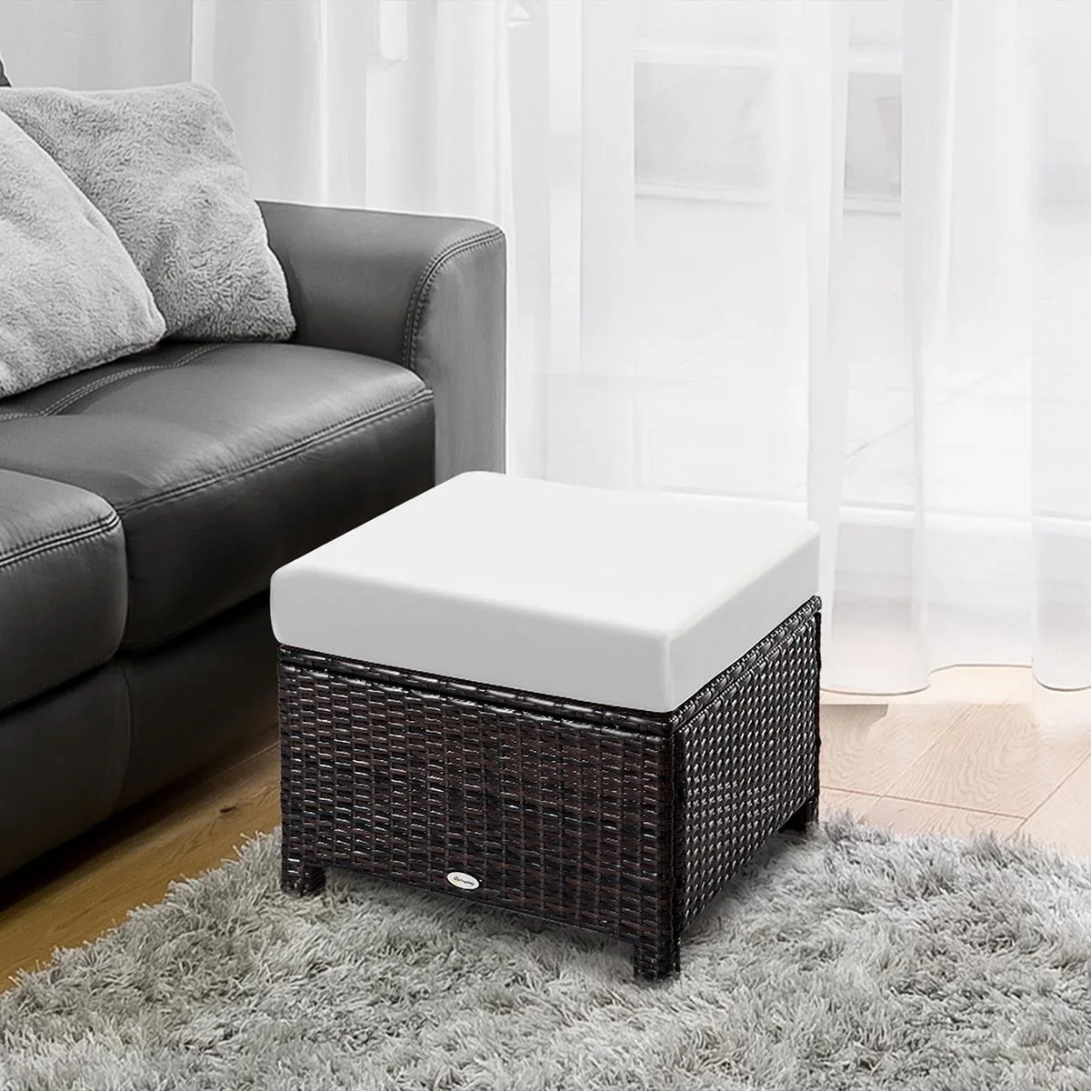 Poly Rattan Hocker mit Kissen Gartenhocker Sitzhocker Fußhocker Rattanhocker Balkon Sitzhocker Gartenmöbel Braun+Cremewe - 2