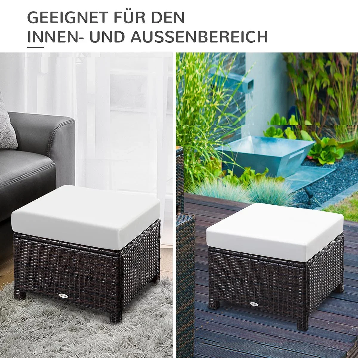 Poly Rattan Hocker mit Kissen Gartenhocker Sitzhocker Fußhocker Rattanhocker Balkon Sitzhocker Gartenmöbel Braun+Cremewe - 3