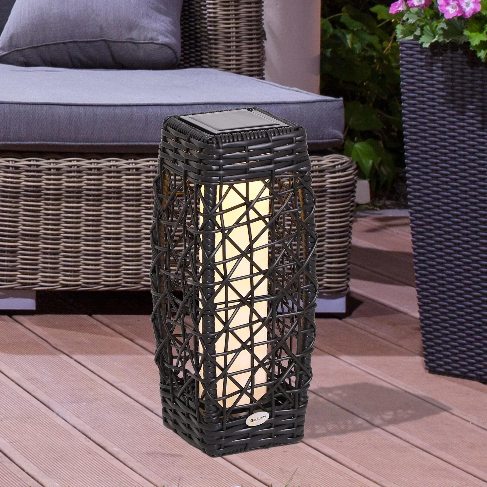 Solarlampe Rattan Gartenlampe Wegbeleuchtung Lichtsensor automatisch wetterfest kaffeebraun L19 x B19 x H48 cm - 2