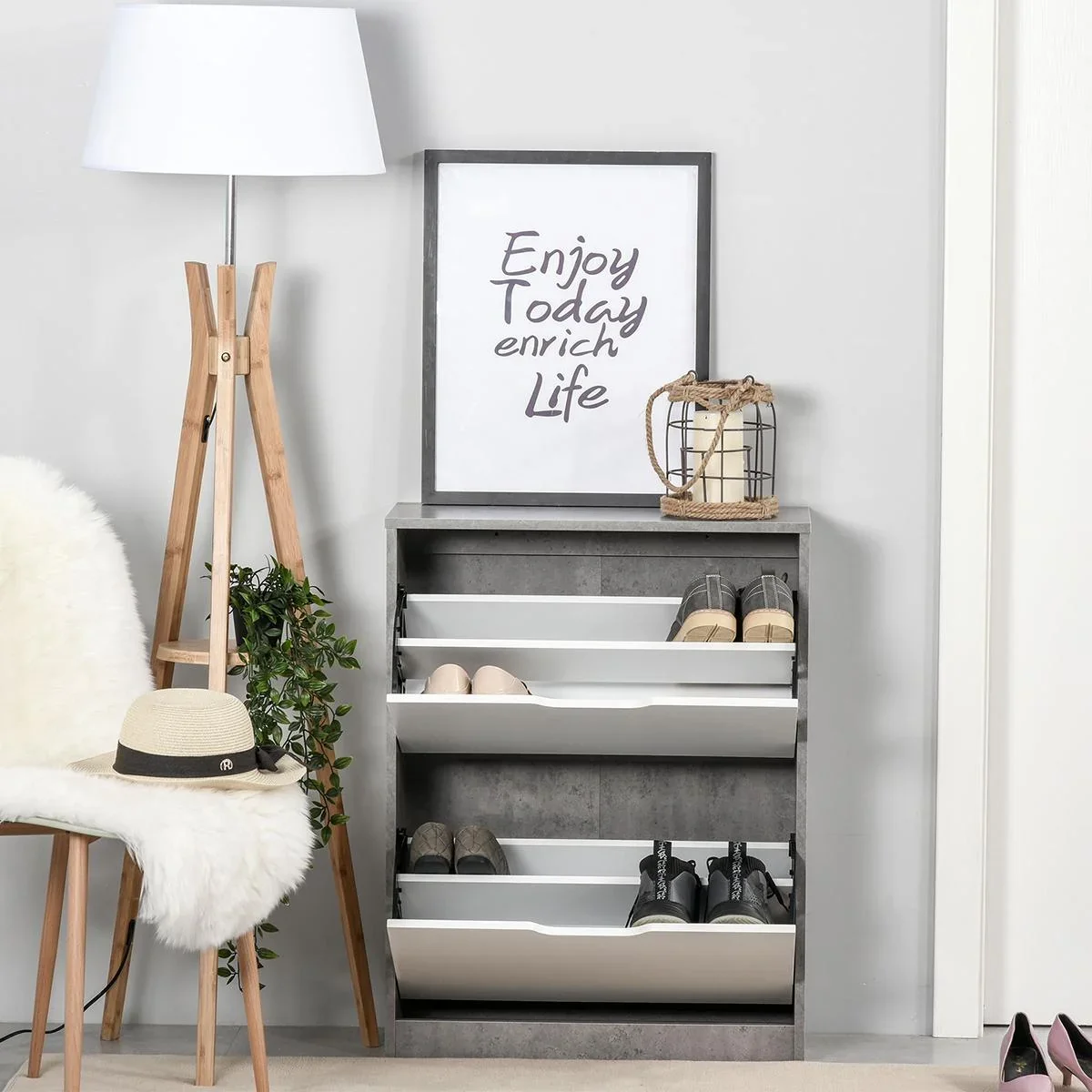 Schuhschrank Schuhregal Schuhbank mit 2 Kippschubladen Einfaches Design E1 Spanplatte Grau+Weiß 62,5 x 26 x 81 cm - 2