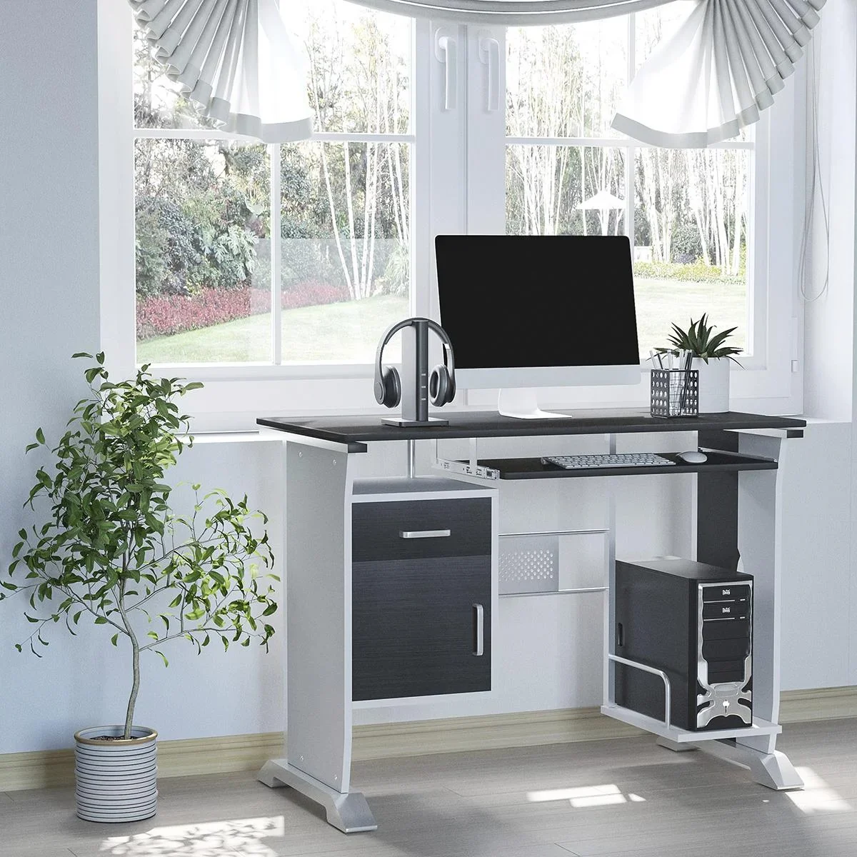Computertisch Winkelschreibtisch mit Schubladen Schreibtisch Bürotisch Anti-Rutsch Metall MDF Schwarznuss+Silber 100 x 5 - 1