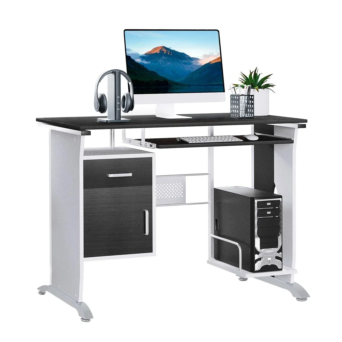 Computertisch Winkelschreibtisch mit Schubladen Schreibtisch Bürotisch Anti-Rutsch Metall MDF Schwarznuss+Silber 100 x 5 - 2