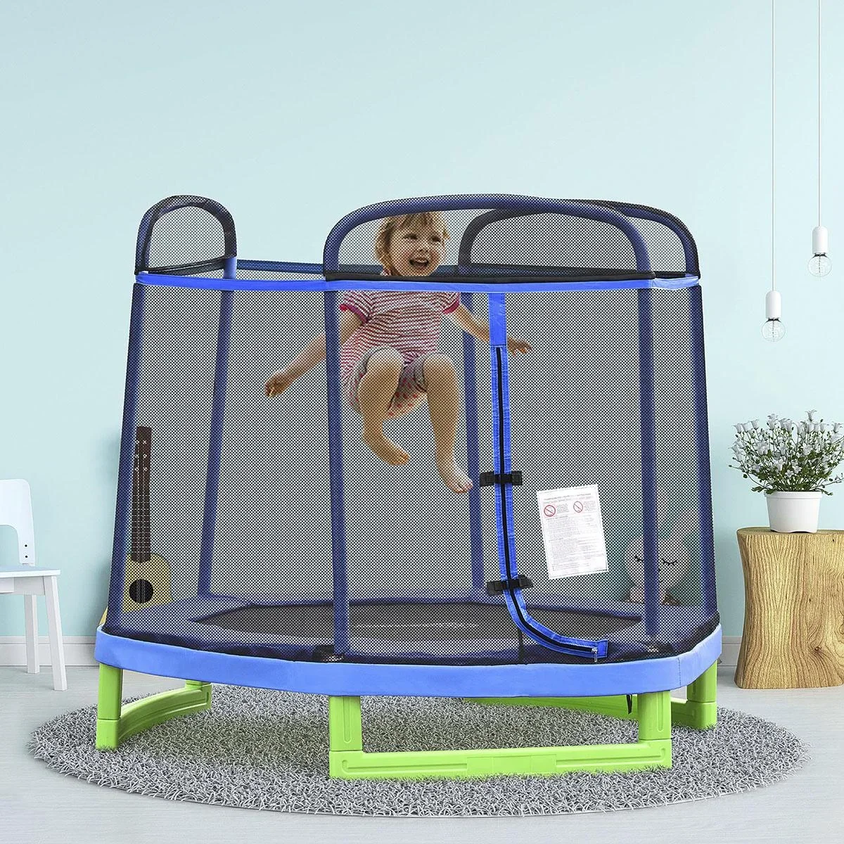 Kinder Trampolin mit Sicherheitsnetz Indoortrampolin Fitnesstrampolin für 3-12 Jahre Kinder bis 80 kg Stahl Blau+Grün 21 - 1