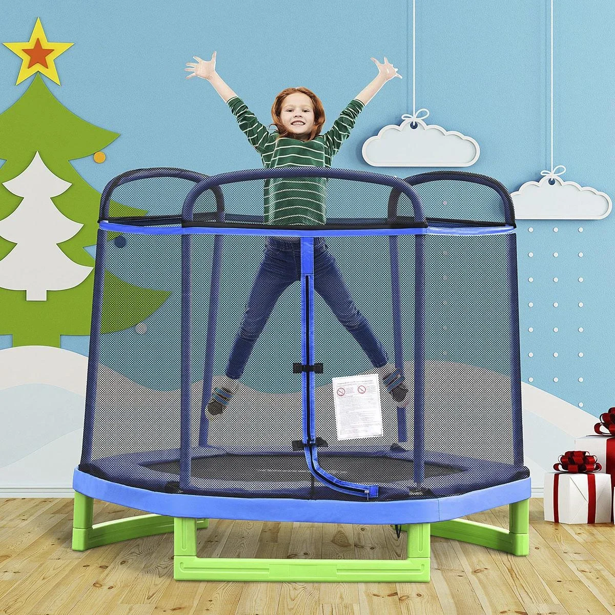 Kinder Trampolin mit Sicherheitsnetz Indoortrampolin Fitnesstrampolin für 3-12 Jahre Kinder bis 80 kg Stahl Blau+Grün 21 - 2