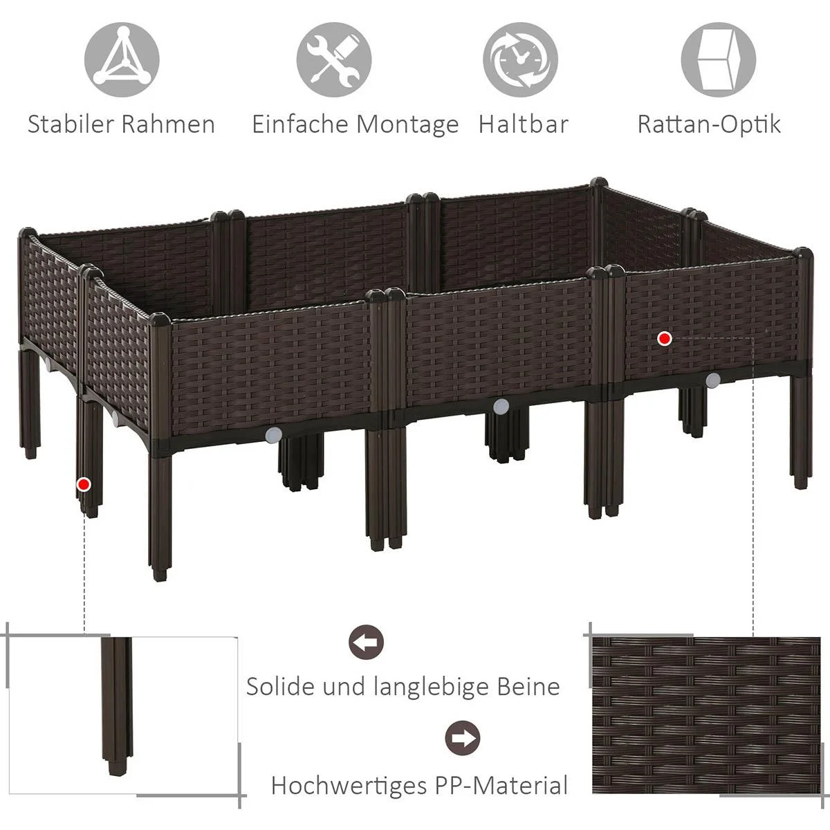 Hochbeet 6-teiliger Pflanzkasten mit Abflusslöchern Rattan-Look Blumenkasten DIY Braun 40 x 40 x 44 cm - 0