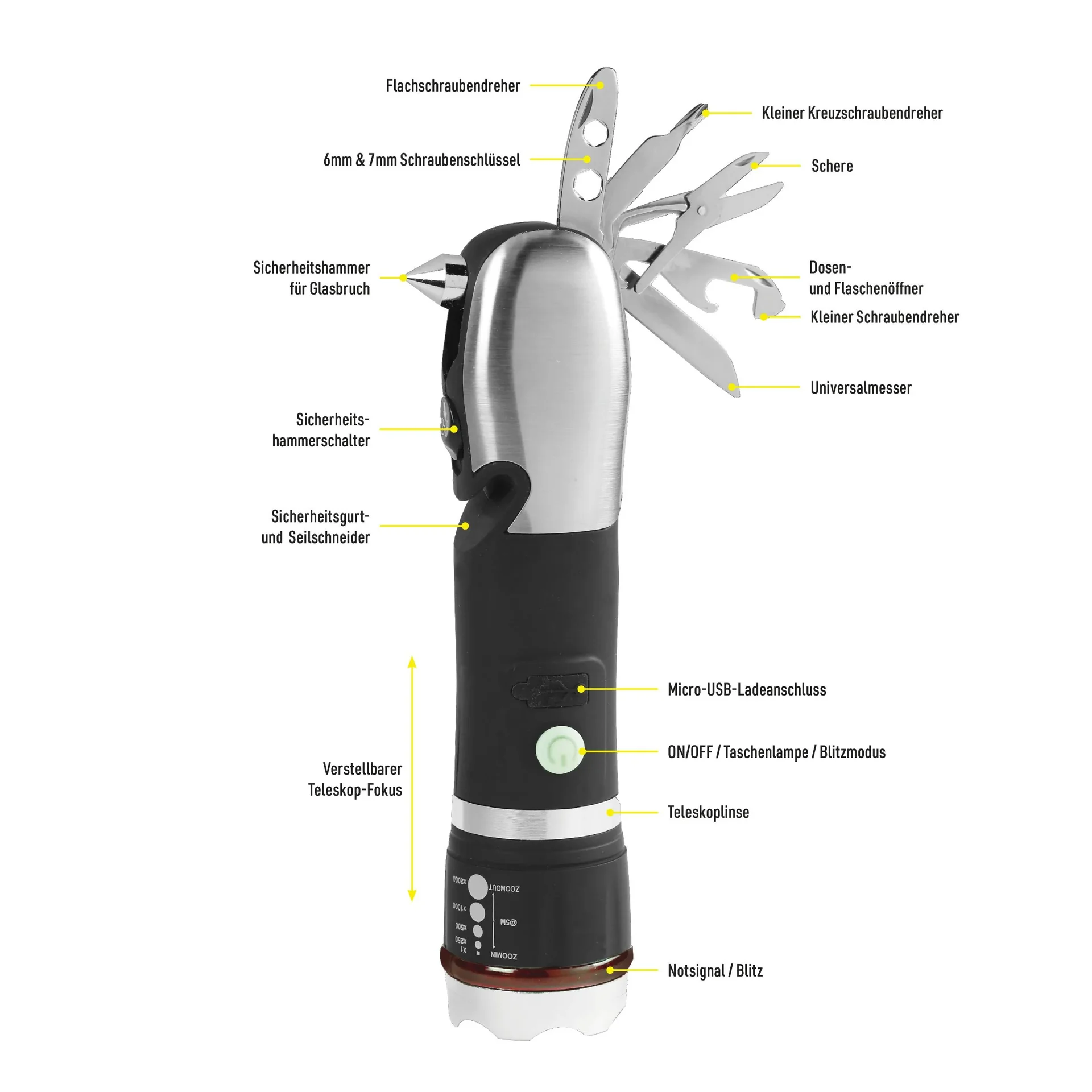 Taschenlampe mit Multiwerkzeug, Gurtschneider und Nothammer, aufladbar Panta Safe Guard M23696 - 6