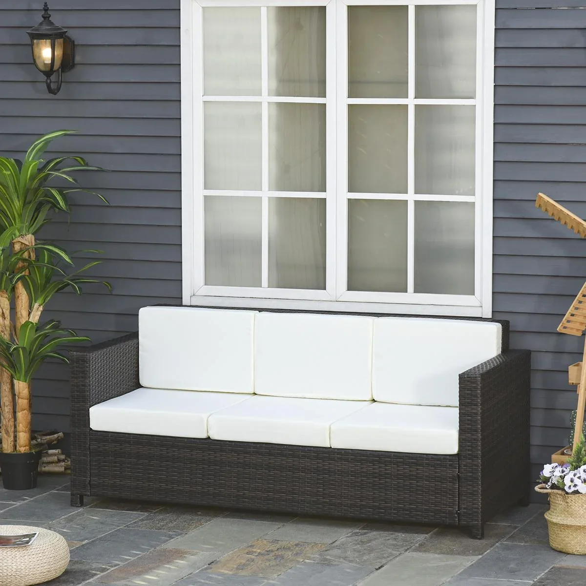 Poly-Rattan Sofa mit Kissen 3-Sitzer Garten Loungesofa Metall Polyester Braun+Weiß 185 x 70 x 80 cm - 1