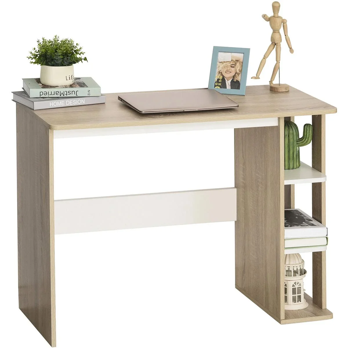 Schreibtisch mit Seitenregal Natur, Weiß - 0