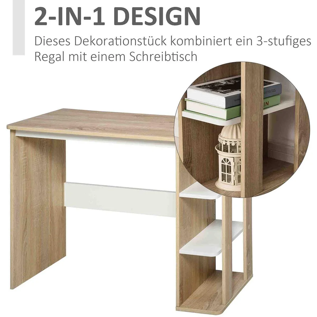 Schreibtisch mit Seitenregal Natur, Weiß - 3