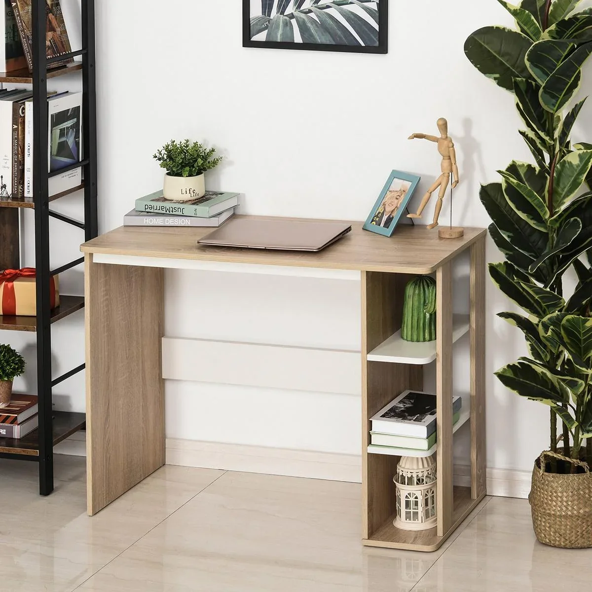 Schreibtisch mit Seitenregal Natur, Weiß - 4