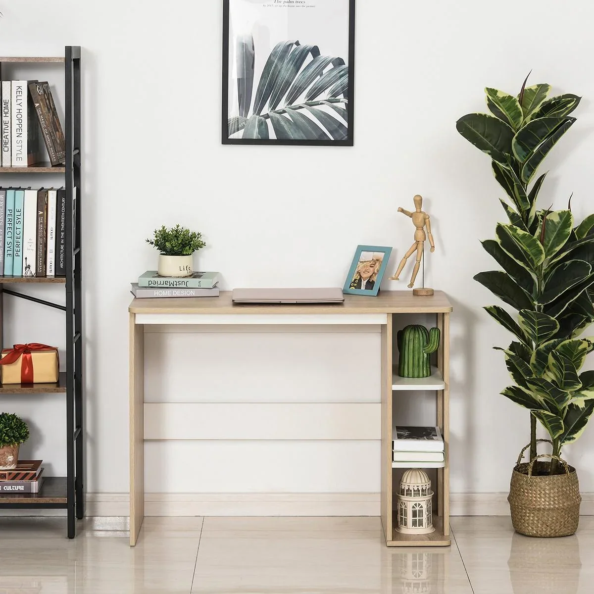 Schreibtisch mit Seitenregal Natur, Weiß - 8