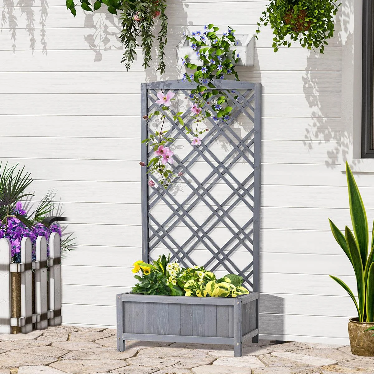 Pflanzkasten Blumenständer Rankgitter Rankkasten Rosenbogen Garten Holz Grau 60 x 30 x 122,5 cm - 0