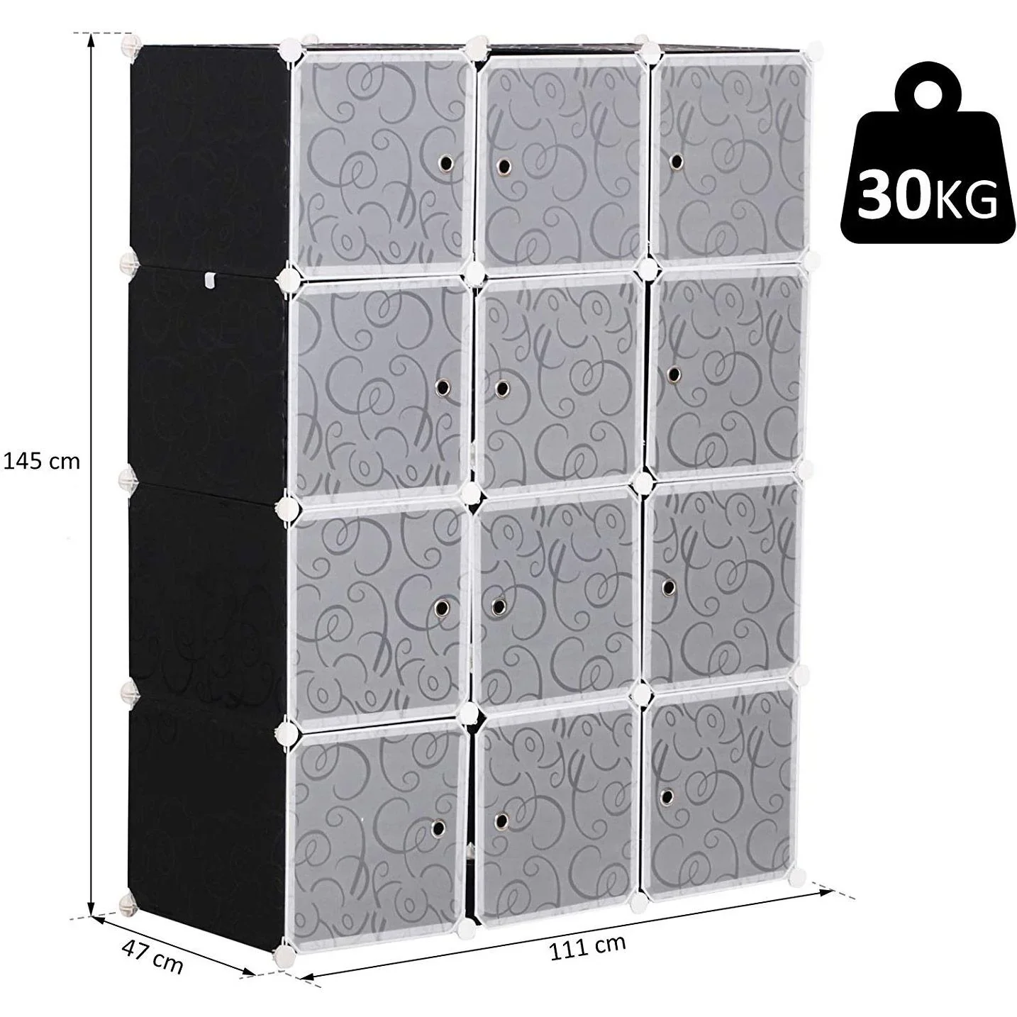 Kleiderschrank Garderobe Garderobenschrank Regalsystem mit Kleiderstange 2+6 Würfel aus PP Schwarz+Weiß 111x47x145 cm - 4