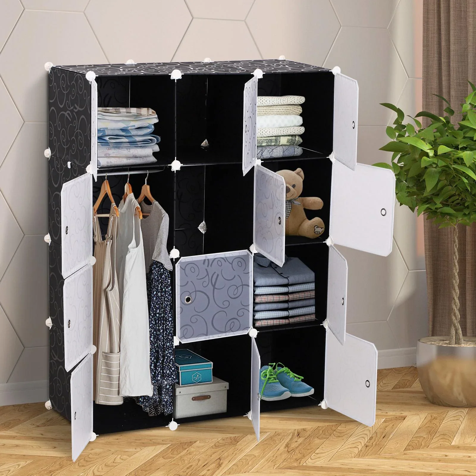 Kleiderschrank Garderobe Garderobenschrank Regalsystem mit Kleiderstange 2+6 Würfel aus PP Schwarz+Weiß 111x47x145 cm - 5