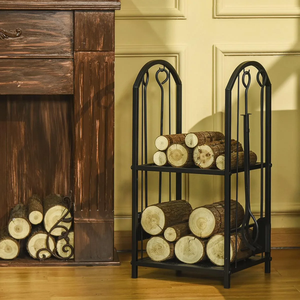 kaminholzregal Kaminholzständer Brennholzregal mit 4 zusätzlichen Brennholzwerkzeugen Kaminbesteck 2-Ebenen-Design Feuer - 0